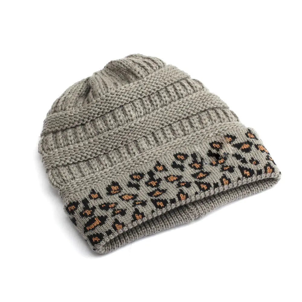 Warm Leopard Print Knitted Beanie Hat for Women