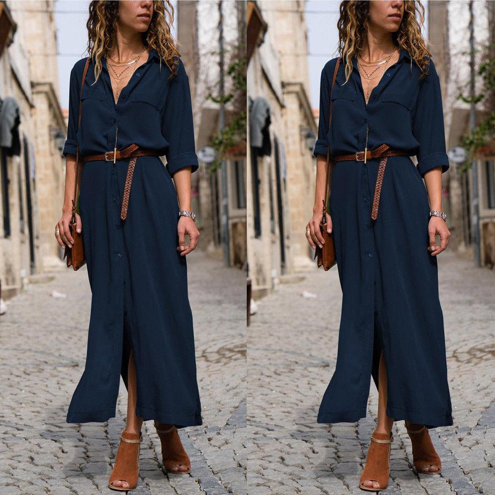 Women Summer V Neck Boho Party Beach Dress Woman Solid Color Long Maxi Dresses Ladies Holiday Casual Sundress Female Clothes Navy Blue L