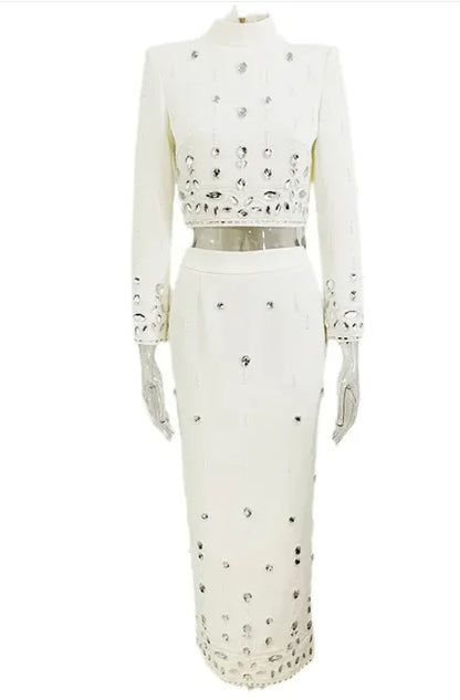 Elegant Rhinestone Long Skirt Set