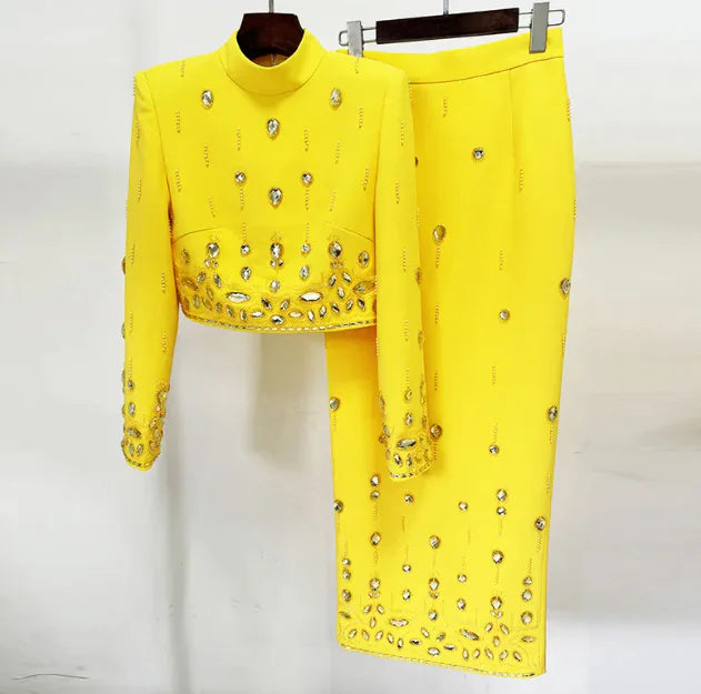 Elegant Rhinestone Long Skirt Set