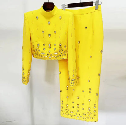 Elegant Rhinestone Long Skirt Set