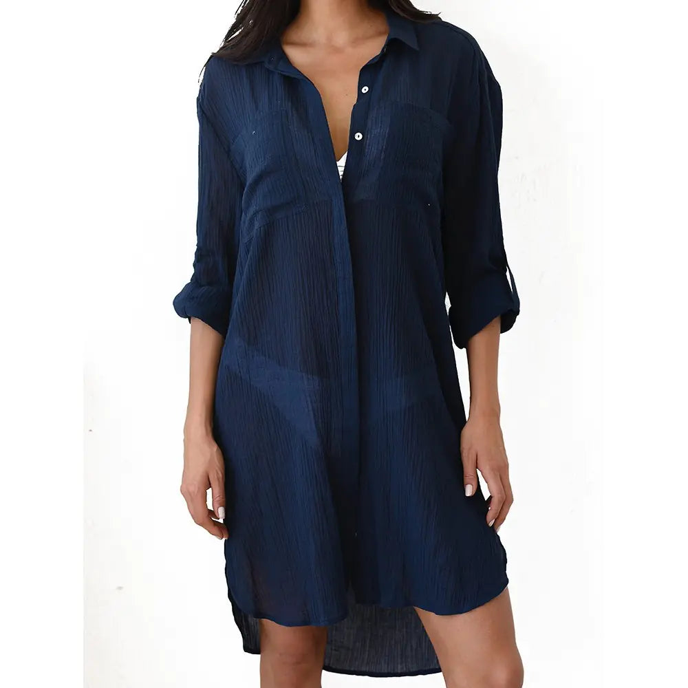 Bark Textured Two-Pocket Beach Cover-Up Shirt