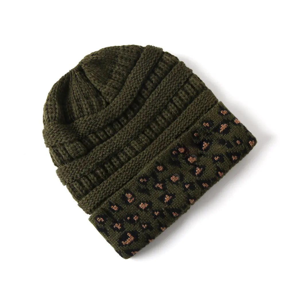 Warm Leopard Print Knitted Beanie Hat for Women