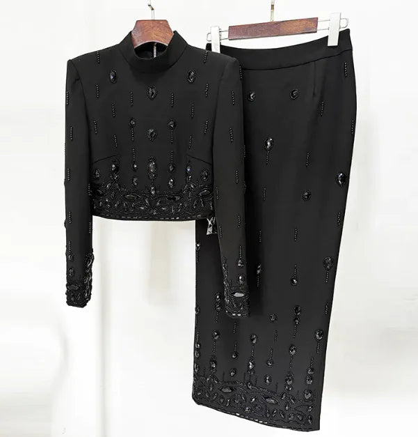 Elegant Rhinestone Long Skirt Set