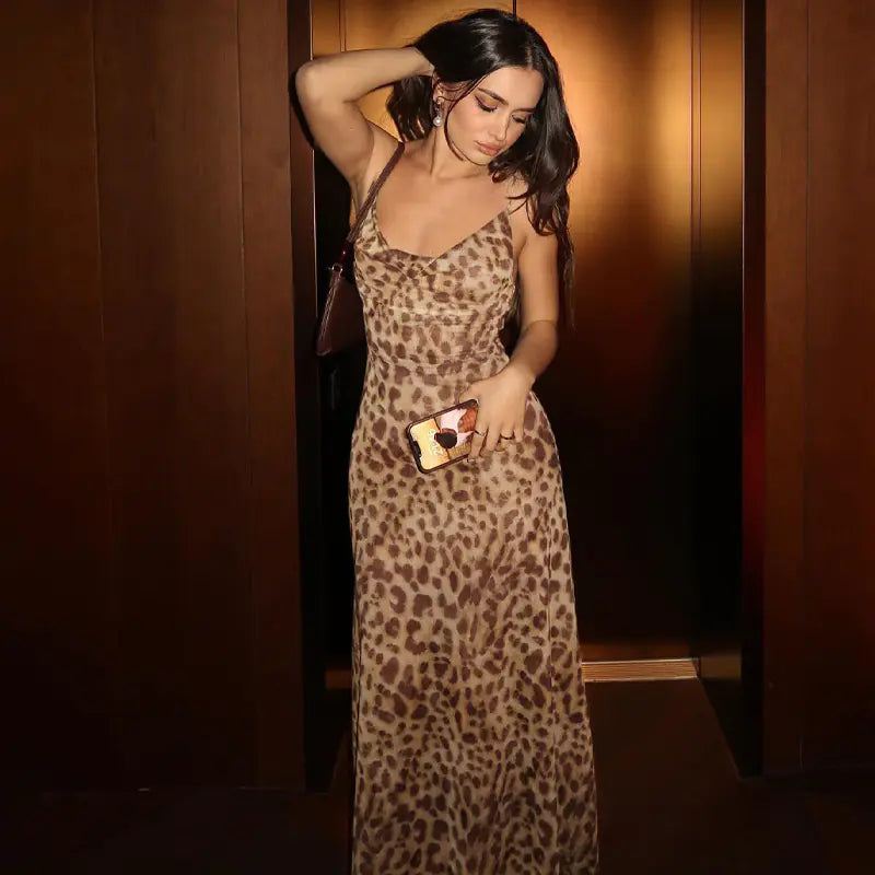 Leopard Print V-Neck Sling Dress