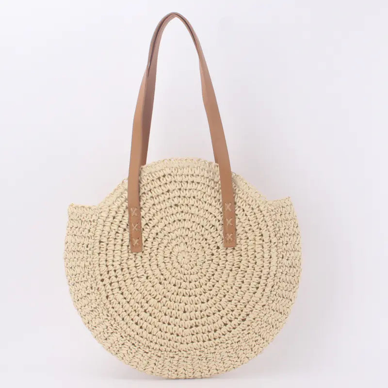 Retro Round Straw Beach Bag for Women