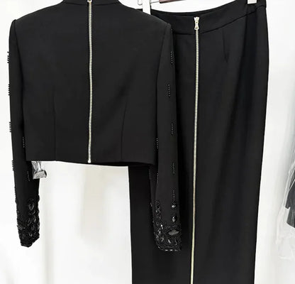 Elegant Rhinestone Long Skirt Set
