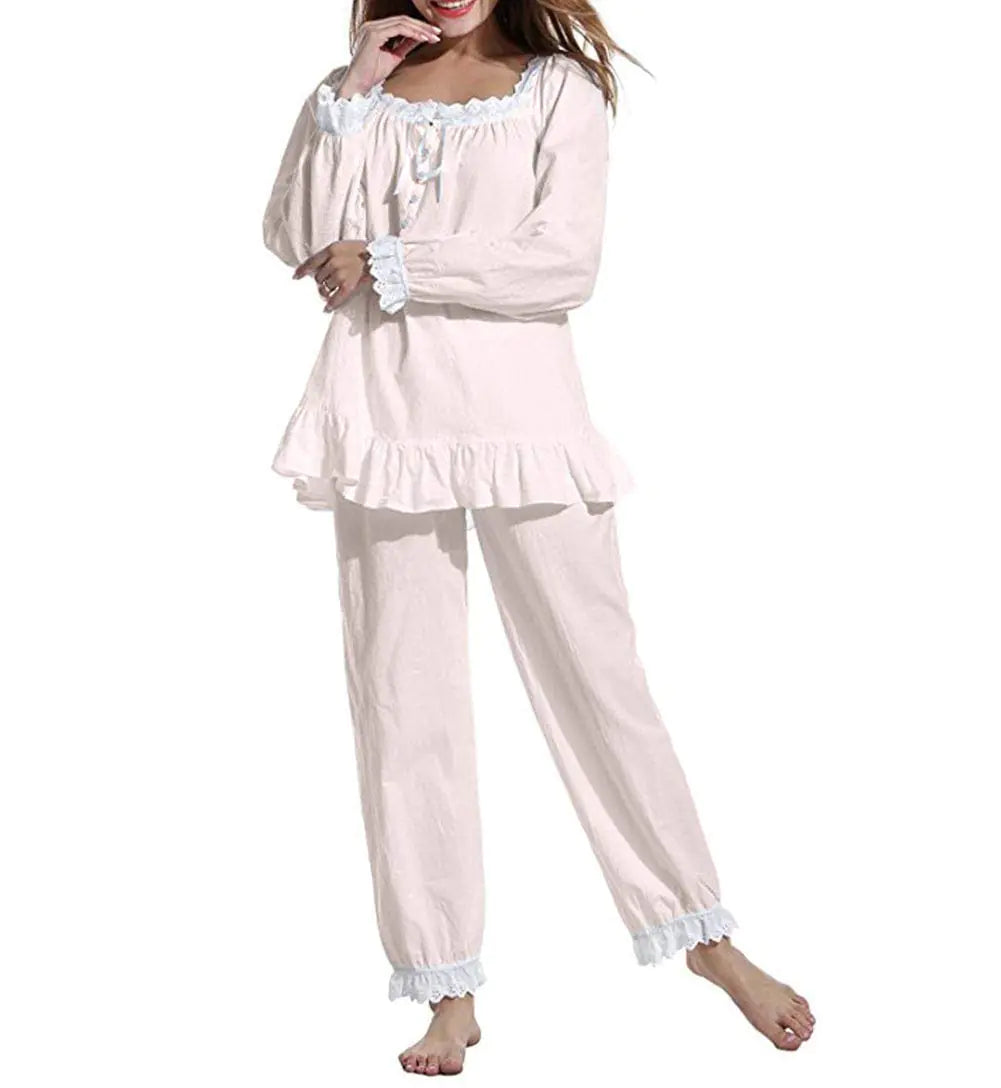 1OO% Cotton 2 Pieces Victorian Nightgown Set Ladies Long Sleeve Nightdress Women Pajamas Set Sleep Shirt