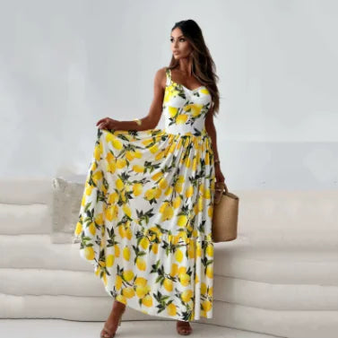 Spaghetti-Strap lemon Backless Maxi Dress