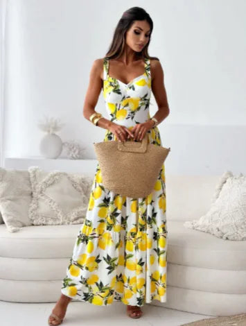 Spaghetti-Strap lemon Backless Maxi Dress
