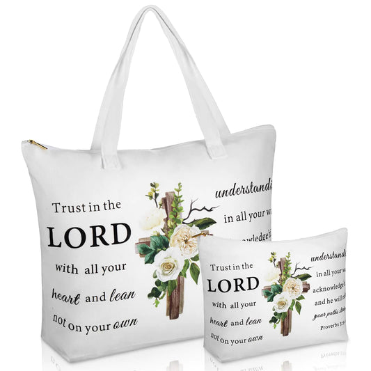 Abbylike 2 Pcs Christian Gift Canvas Tote Bag with Makeup Bag Religious Bible Verse Tote Bag Set for Xmas Gift (White Flower)
