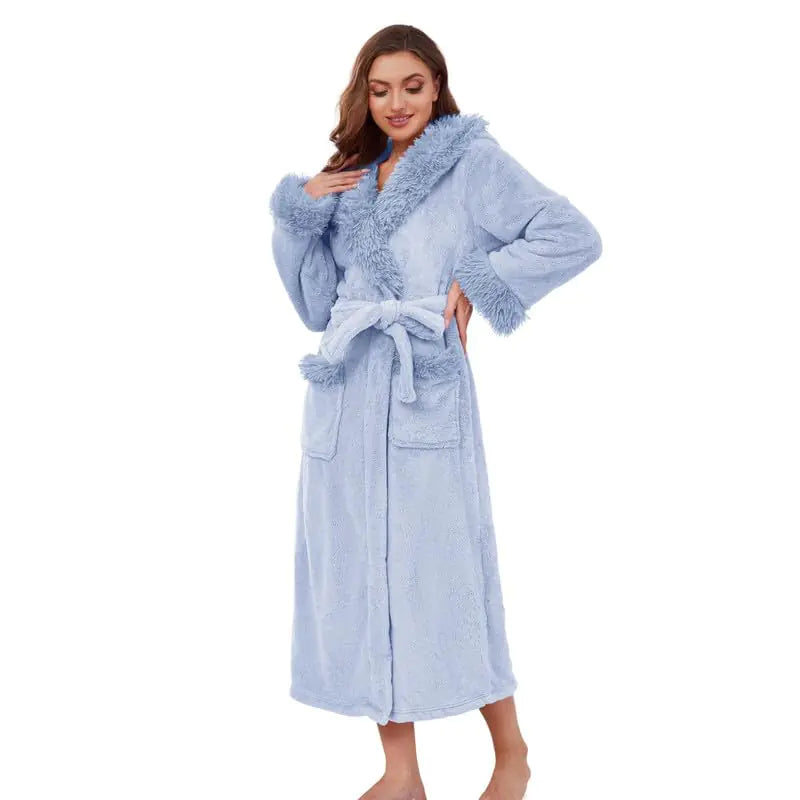 Womens Hooded Plush Long Robe Soft Warm Fleece Bathrobe for Women Fluffy Cute Spa Robe(Light BlueS/M)