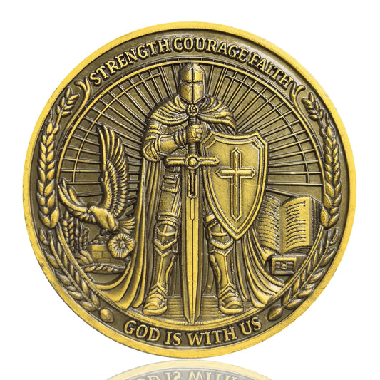 Christian Armor of God Challenge Coin - Strength Courage Faith with Joshua 1:9 Inscription