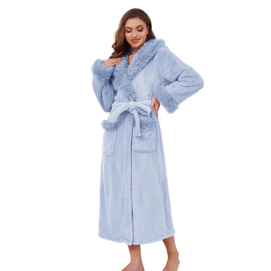 Womens Hooded Plush Long Robe Soft Warm Fleece Bathrobe for Women Fluffy Cute Spa Robe(Light BlueS/M)