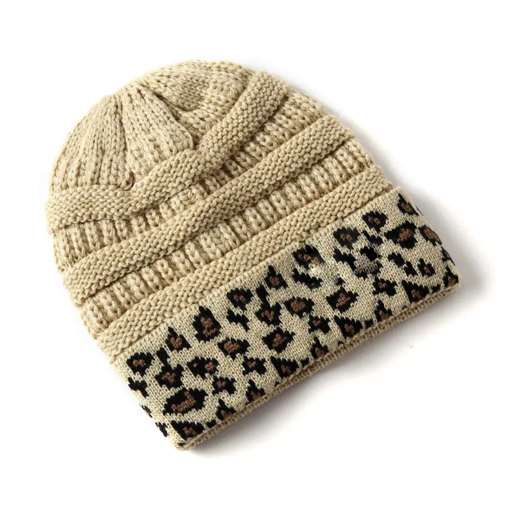 Warm Leopard Print Knitted Beanie Hat for Women