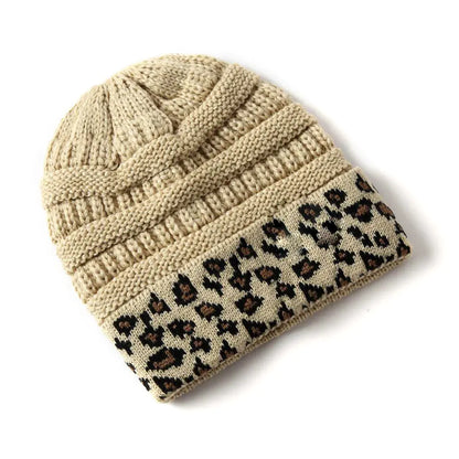 Warm Leopard Print Knitted Beanie Hat for Women