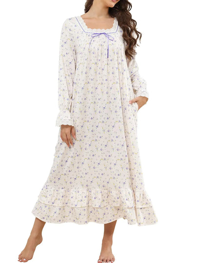 Women Long Nightgown Soft Lace Trim Nightgown Cotton Square Neck House Dress with Pockets (Lilac RoseXXL)