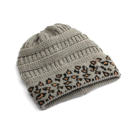 Warm Leopard Print Knitted Beanie Hat for Women