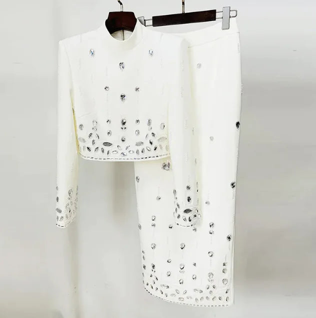 Elegant Rhinestone Long Skirt Set