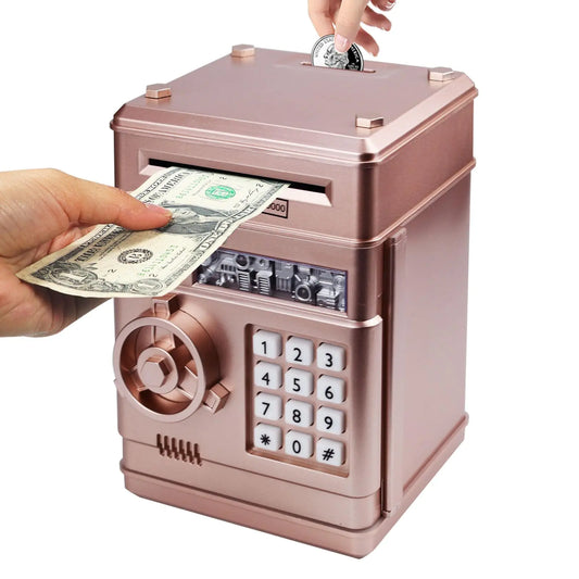 Samate Piggy Bank Electronic Mini ATM for Kids Toy Safe Money Saving Box Coin Banks Password Code Lock for Children Boys Girls Ideal Gift (New Rose Gold)