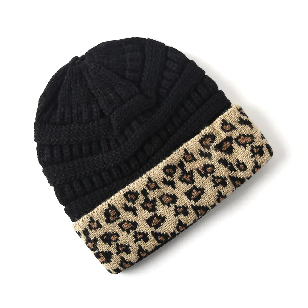 Warm Leopard Print Knitted Beanie Hat for Women