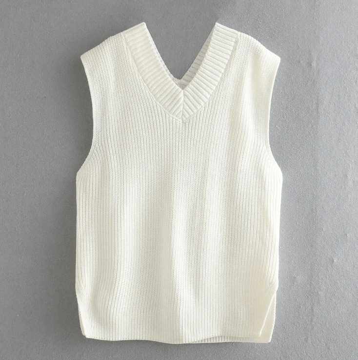 V-neck Knitted Sleeveless Vest White