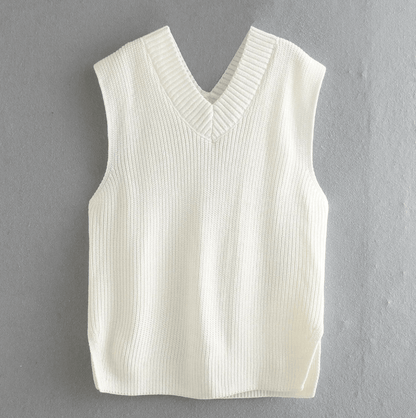 V-neck Knitted Sleeveless Vest White