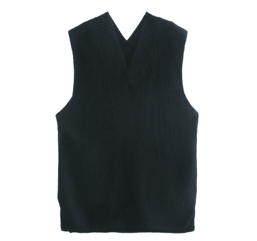 V-neck Knitted Sleeveless Vest Black