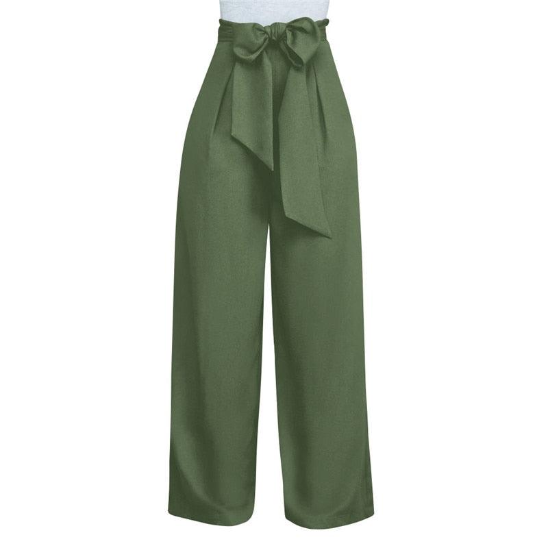 Women Casual Loose Palazzo High Waist Pants Green